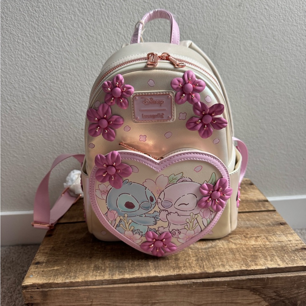 NWT Loungefly Disney Stitch & Angel Cherry Blossom Heart Mini Backpack SOLD OUT - Picture 2 of 6